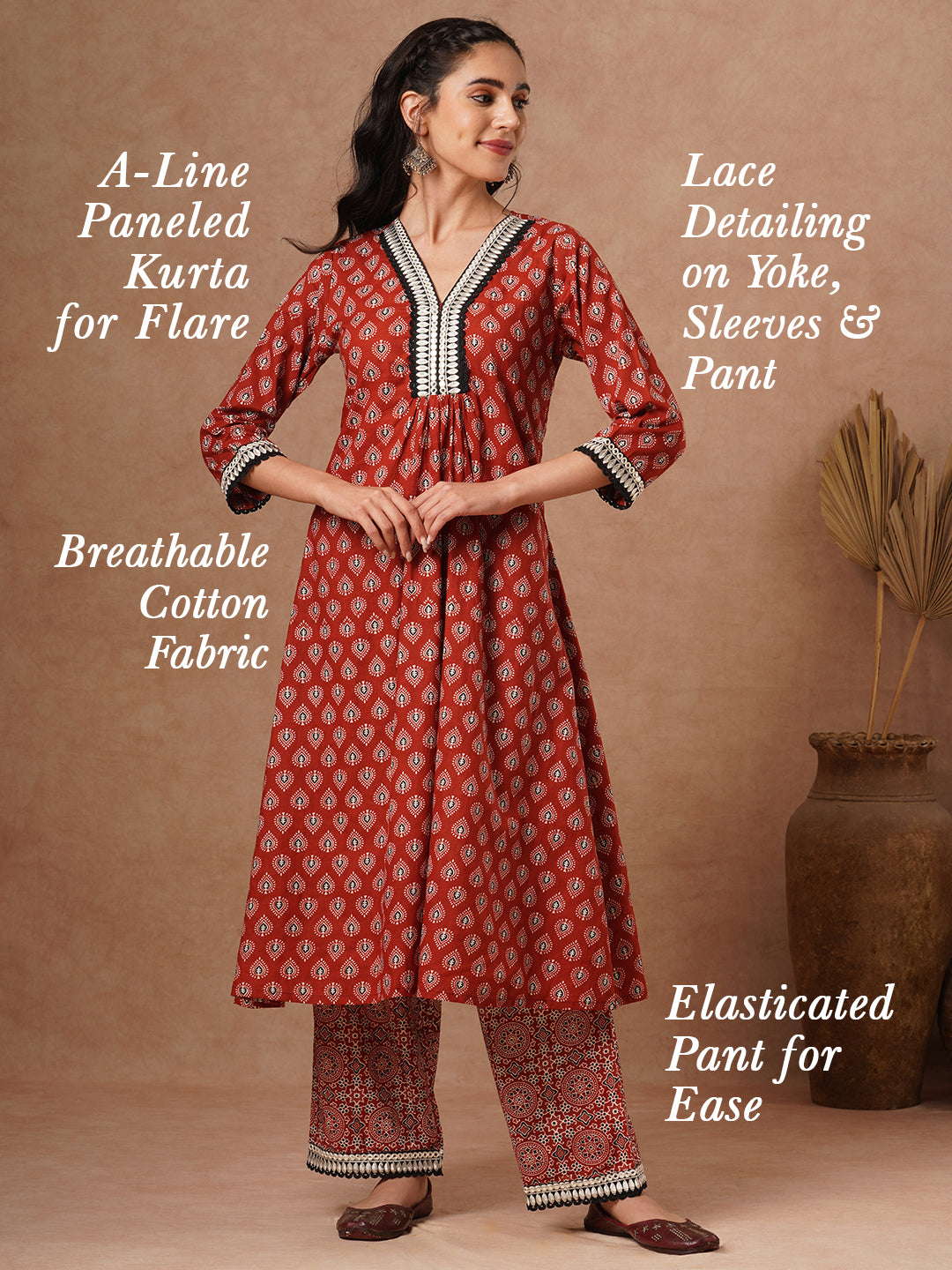 Ethnic Printed & Embroidered & A-Line Paneled Kurta with Palazzo - Brown