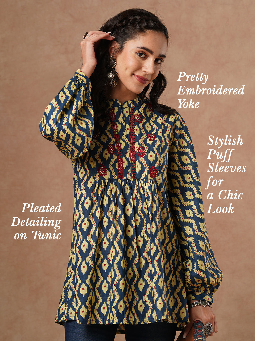 Ethnic Printed & Embroidered A-Line Pleated Short Kurti - Blue