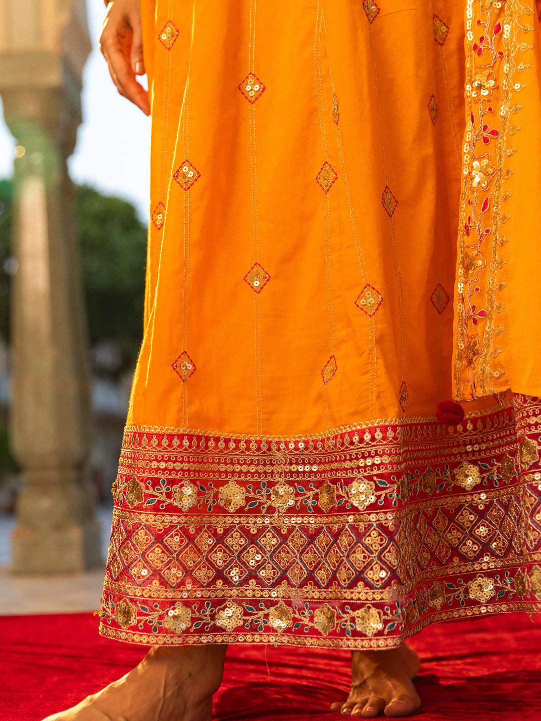 Solid Ethnic Embroidered A-Line Paneled Kurta with Palazzo & Dupatta - Orange