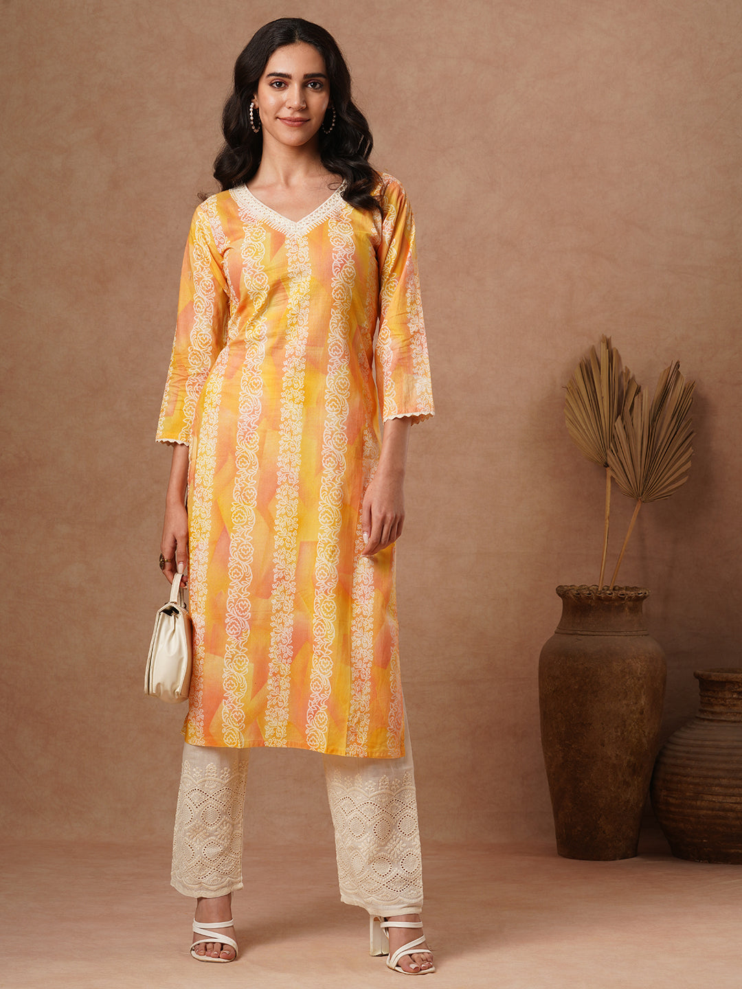 Ethnic Stripes Printed & Embroidered Straight Fit Kurta with Schiffli Pant - Yellow