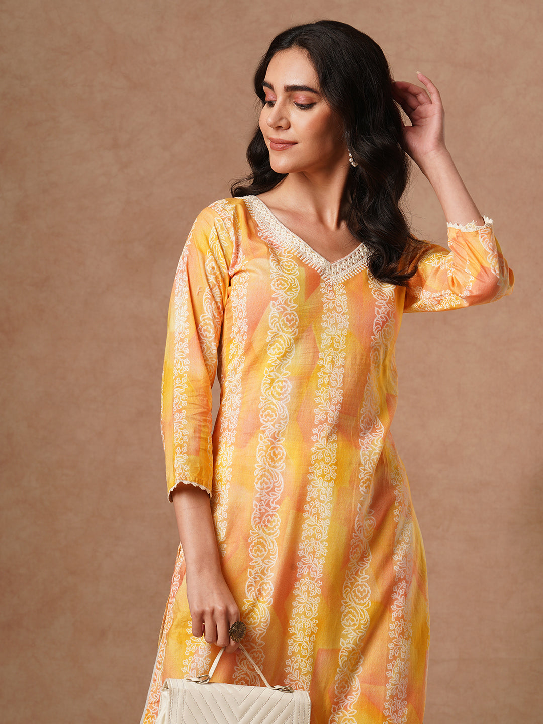 Ethnic Stripes Printed & Embroidered Straight Fit Kurta with Schiffli Pant - Yellow