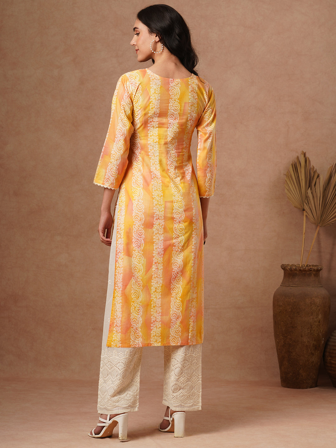 Ethnic Stripes Printed & Embroidered Straight Fit Kurta with Schiffli Pant - Yellow
