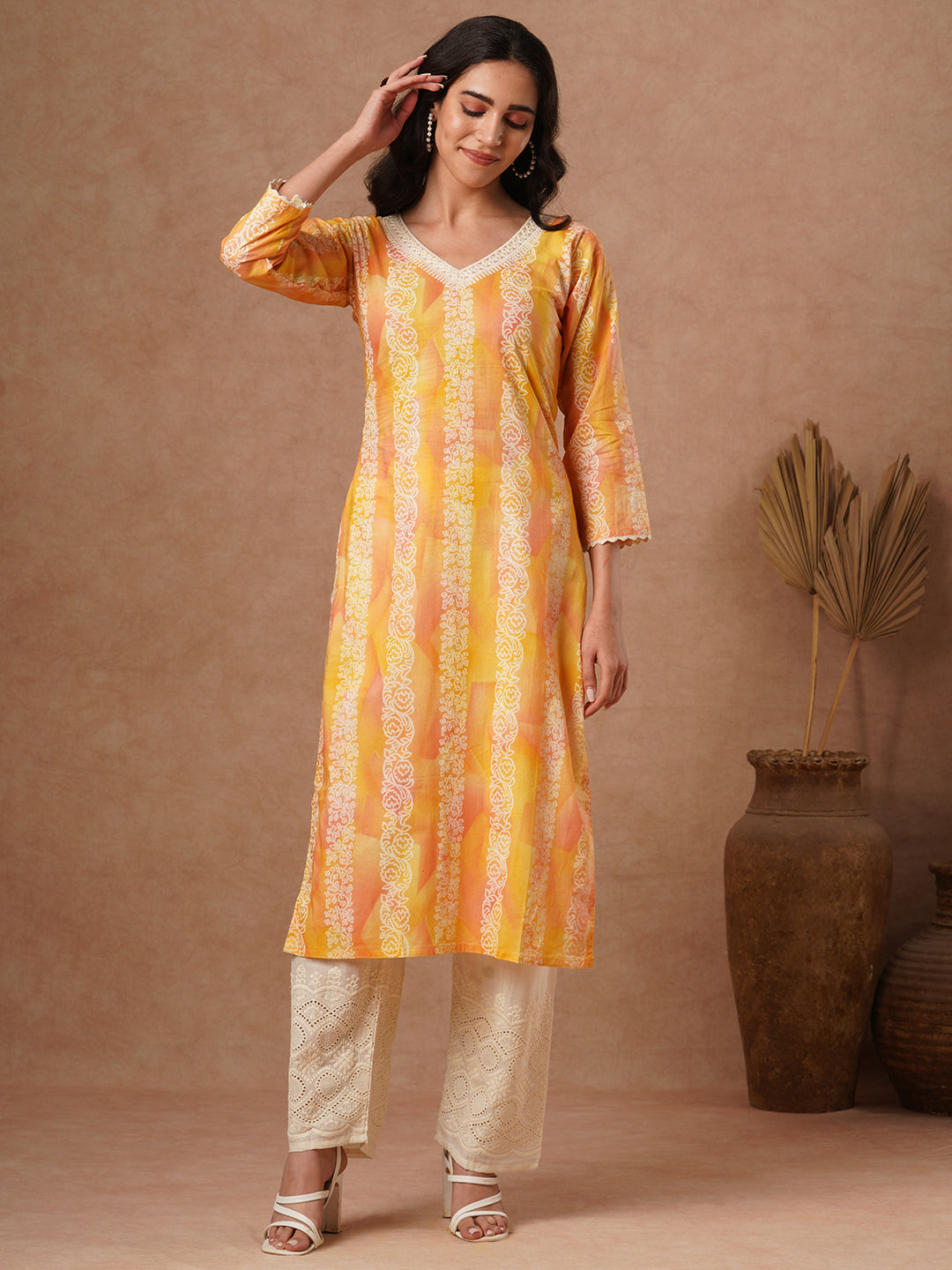 Ethnic Stripes Printed & Embroidered Straight Fit Kurta with Schiffli Pant - Yellow