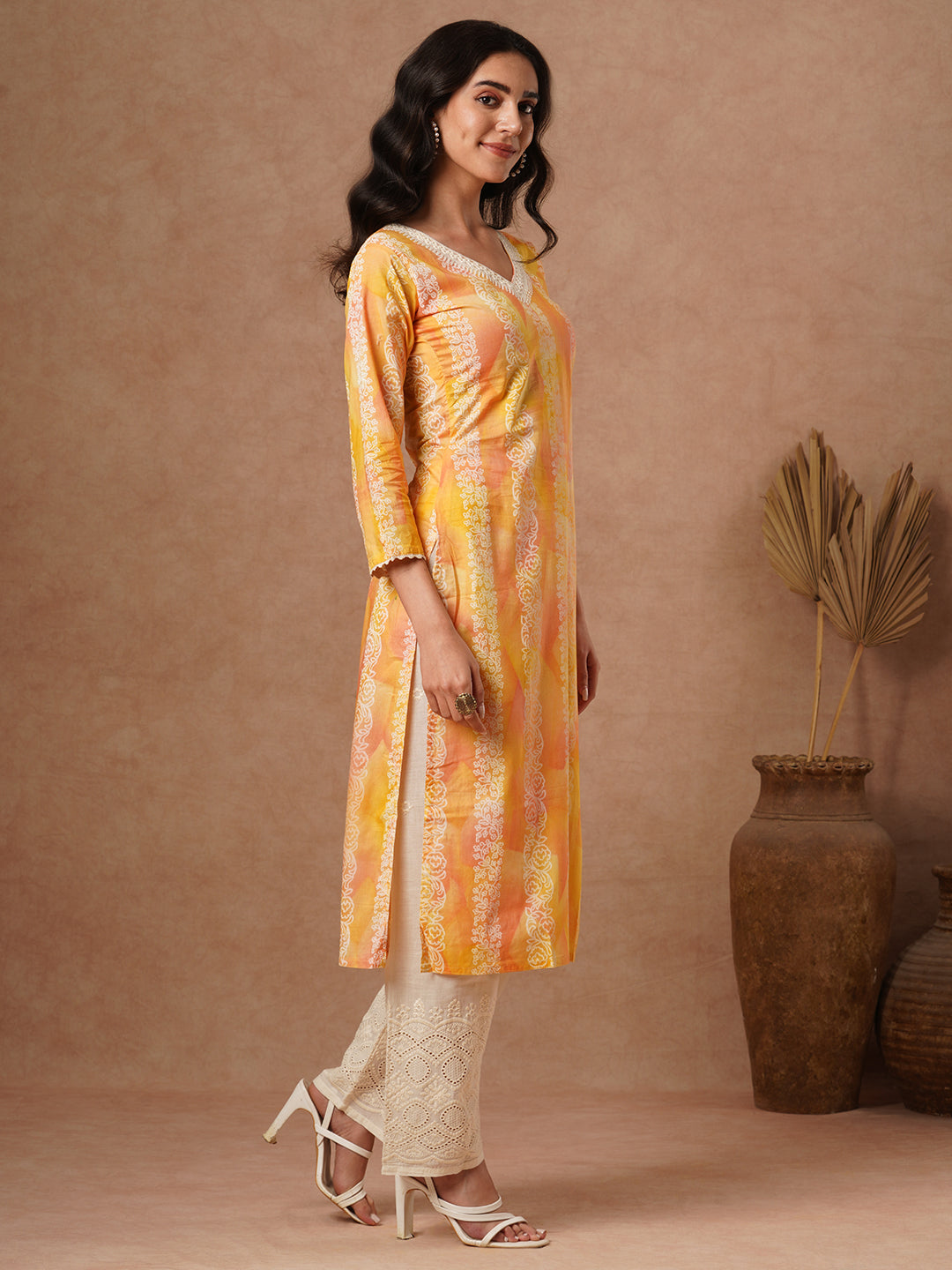 Ethnic Stripes Printed & Embroidered Straight Fit Kurta with Schiffli Pant - Yellow