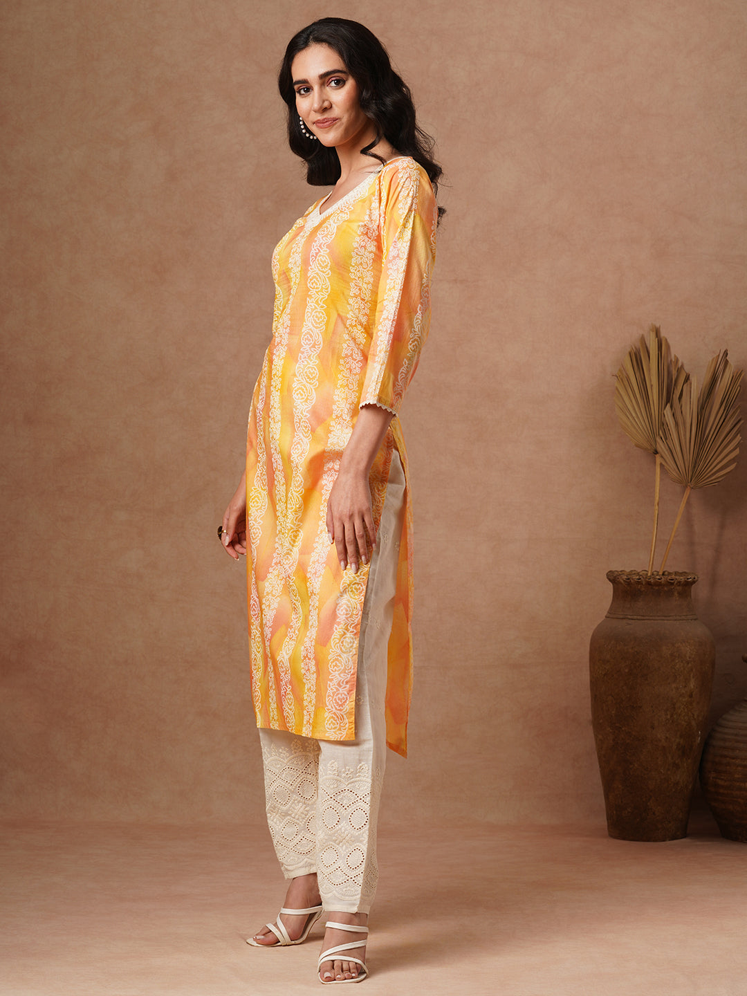 Ethnic Stripes Printed & Embroidered Straight Fit Kurta with Schiffli Pant - Yellow