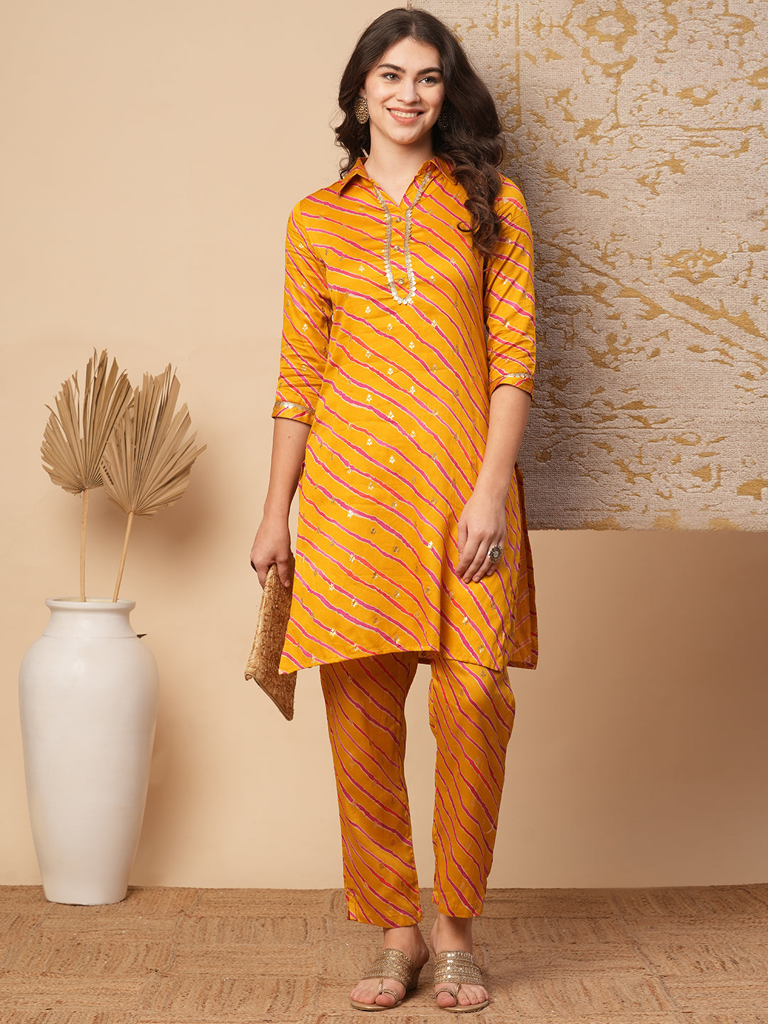 Leheriya Foil Printed Straight Fit Co-ord Set - Mustard