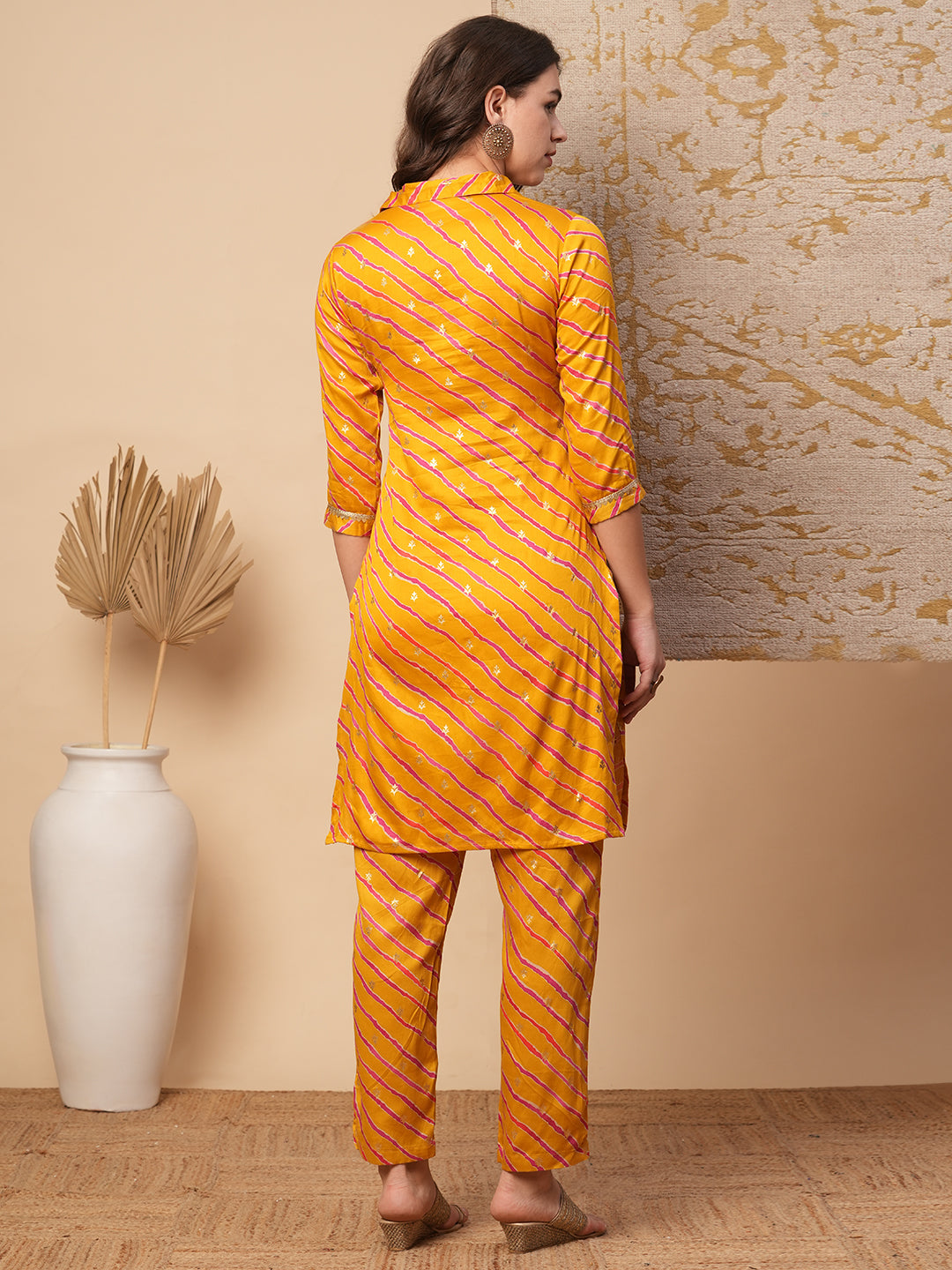 Leheriya Foil Printed Straight Fit Co-ord Set - Mustard