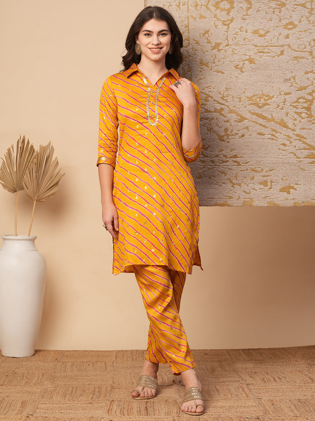 Leheriya Foil Printed Straight Fit Co-ord Set - Mustard