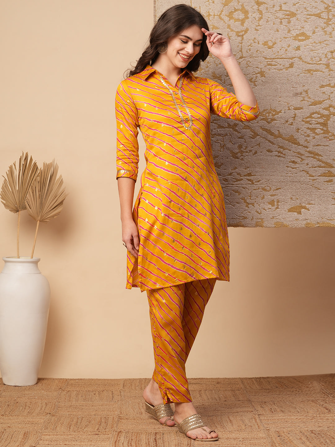 Leheriya Foil Printed Straight Fit Co-ord Set - Mustard