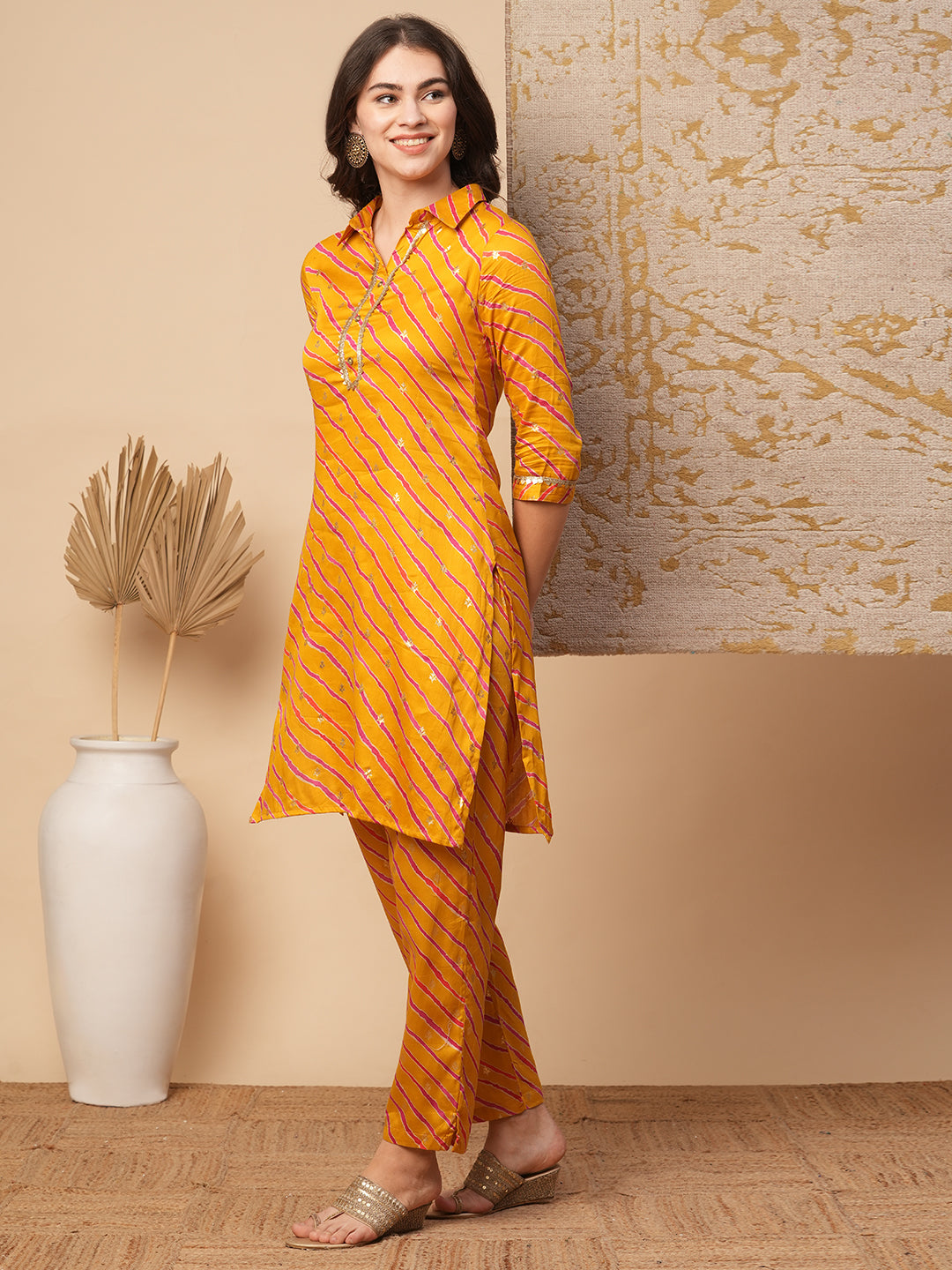 Leheriya Foil Printed Straight Fit Co-ord Set - Mustard