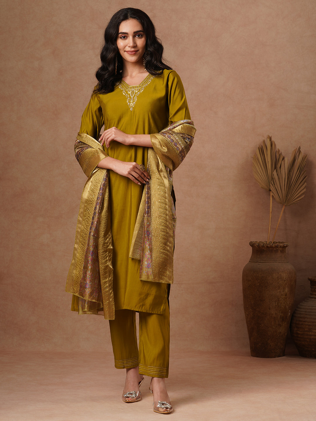 Solid Ethnic Zari Embroidered Straight Fit Kurta with Pant & Dupatta - Olive Green