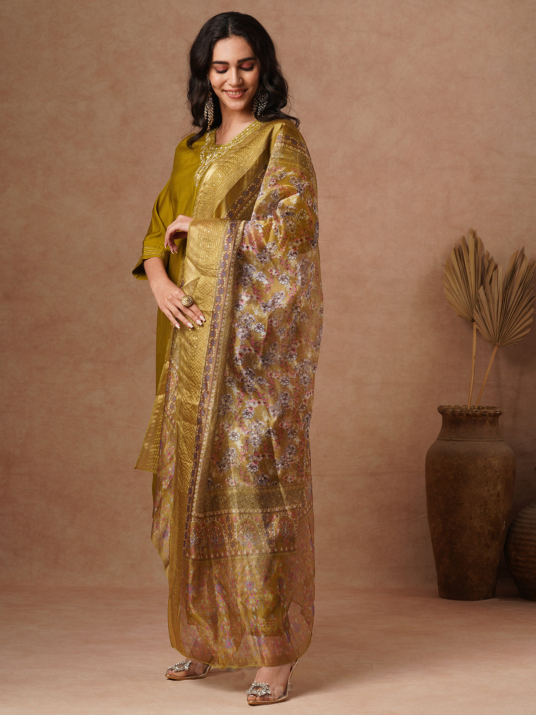 Solid Ethnic Zari Embroidered Straight Fit Kurta with Pant & Dupatta - Olive Green