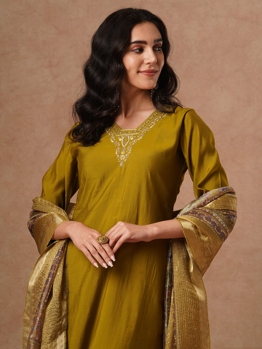 Solid Ethnic Zari Embroidered Straight Fit Kurta with Pant & Dupatta - Olive Green