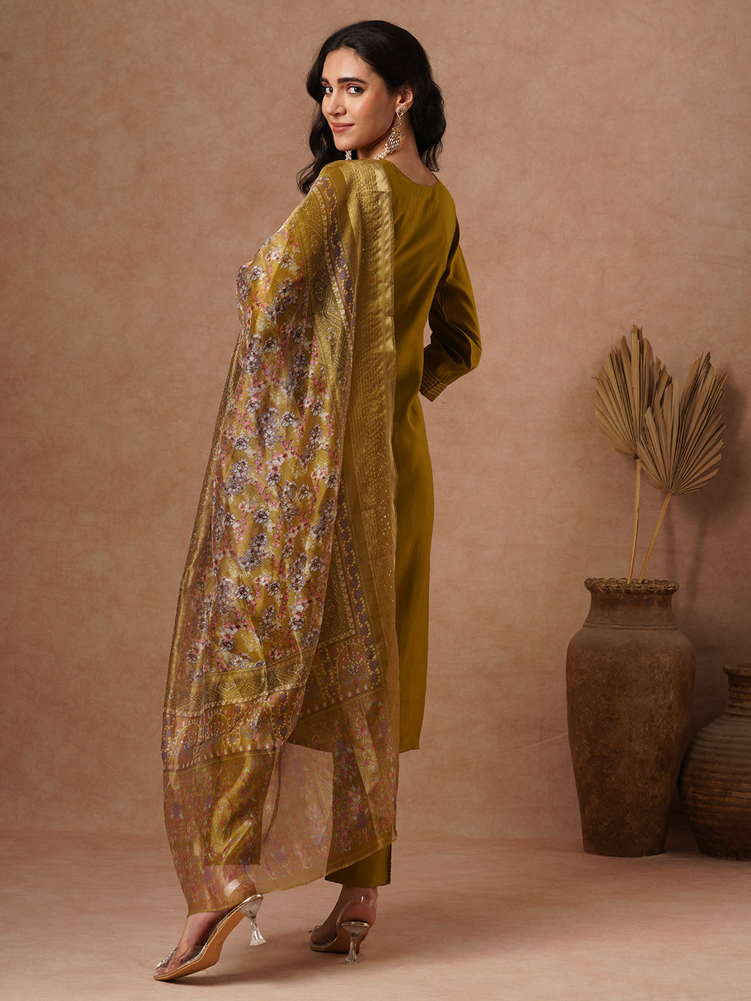 Solid Ethnic Zari Embroidered Straight Fit Kurta with Pant & Dupatta - Olive Green