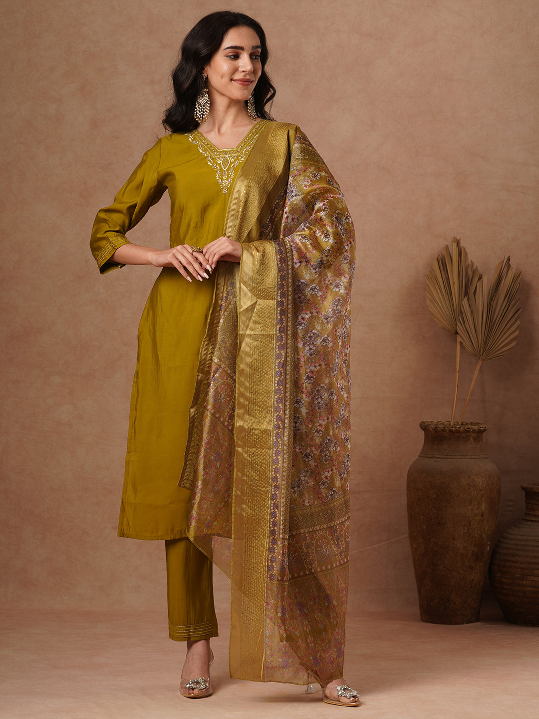 Solid Ethnic Zari Embroidered Straight Fit Kurta with Pant & Dupatta - Olive Green