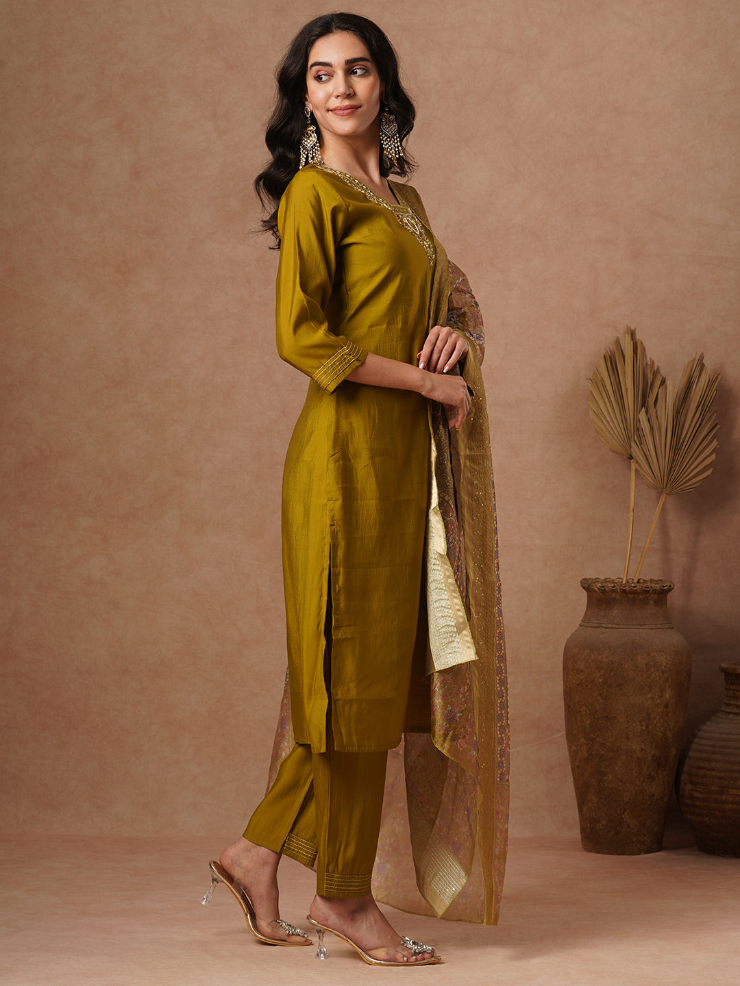 Solid Ethnic Zari Embroidered Straight Fit Kurta with Pant & Dupatta - Olive Green