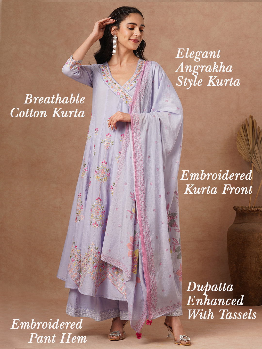 Solid Floral Embroidered Angrakha Kurta with Palazzo & Dupatta - Lavender