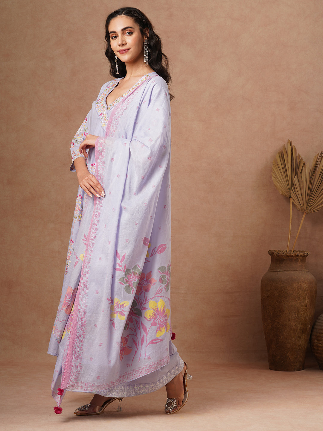 Solid Floral Embroidered Angrakha Kurta with Palazzo & Dupatta - Lavender