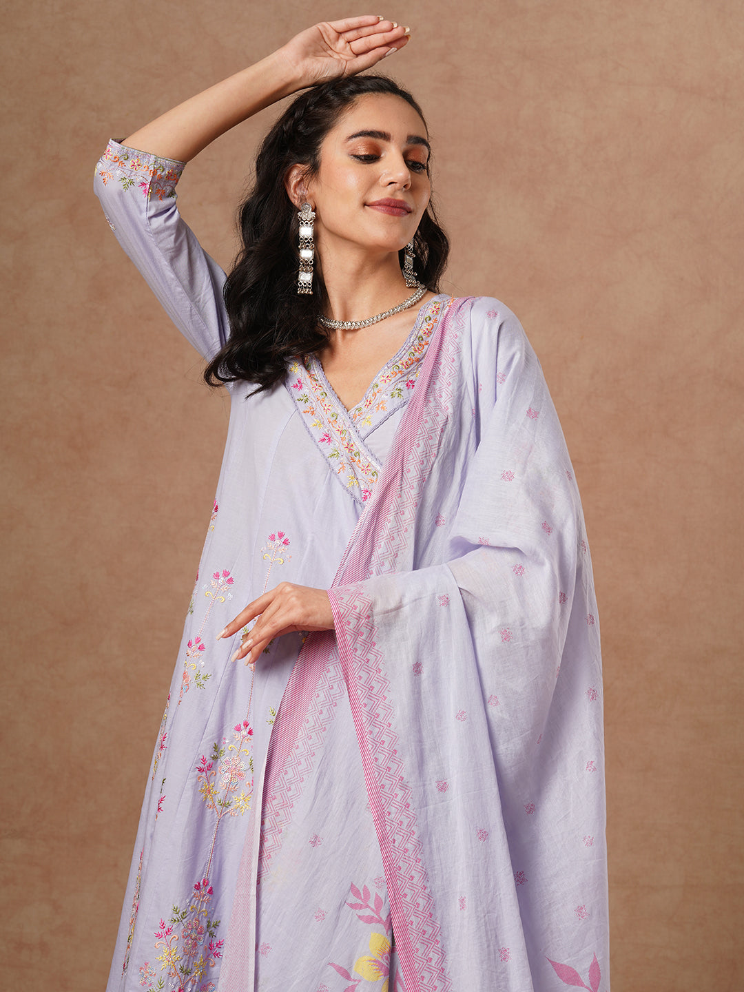 Solid Floral Embroidered Angrakha Kurta with Palazzo & Dupatta - Lavender