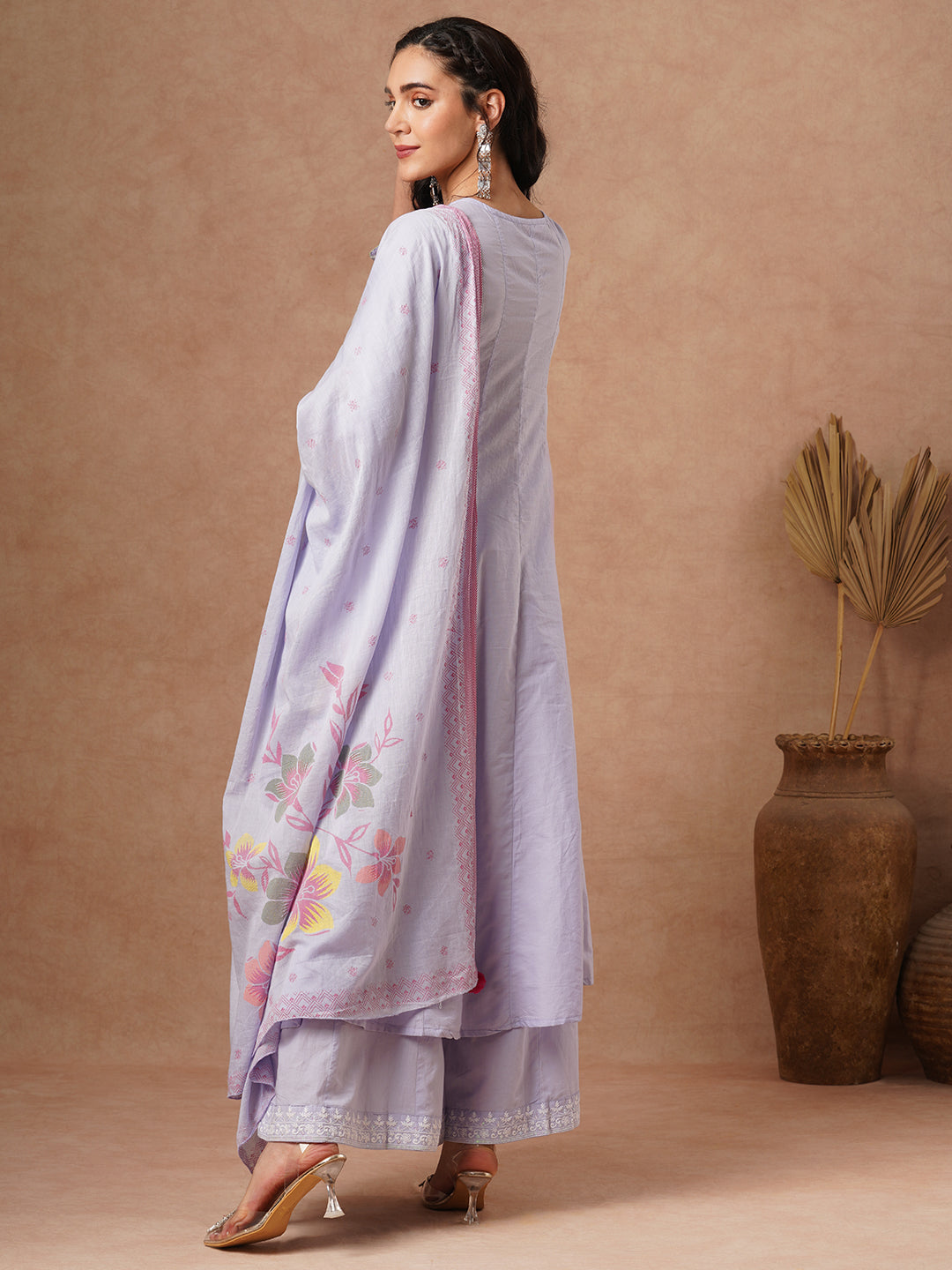 Solid Floral Embroidered Angrakha Kurta with Palazzo & Dupatta - Lavender