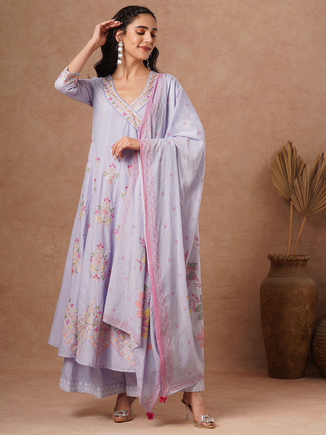 Solid Floral Embroidered Angrakha Kurta with Palazzo & Dupatta - Lavender