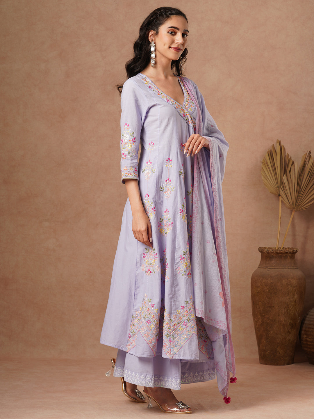 Solid Floral Embroidered Angrakha Kurta with Palazzo & Dupatta - Lavender
