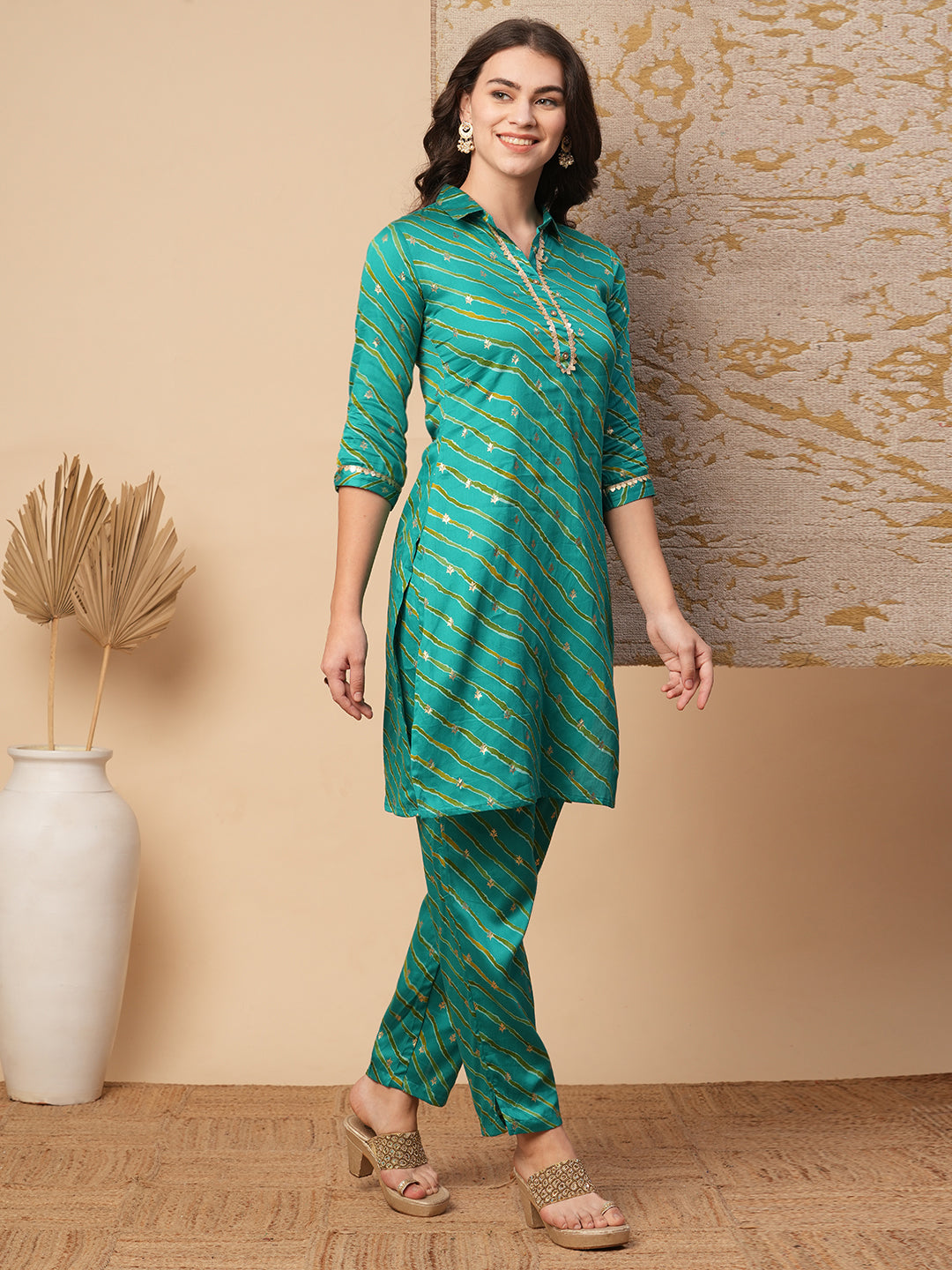 Leheriya Foil Printed Straight Fit Co-ord Set - Sea Green