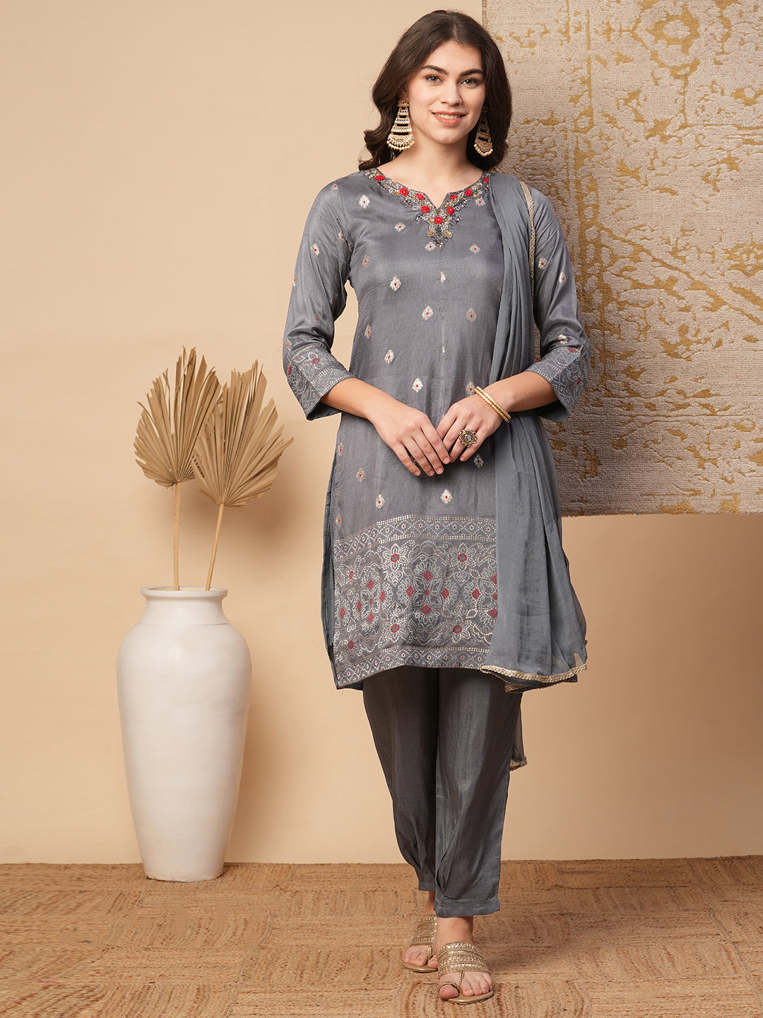 Ethnic Woven & Hand Embroidered Straight Fit Kurta with Pant and Dupatta - Grey