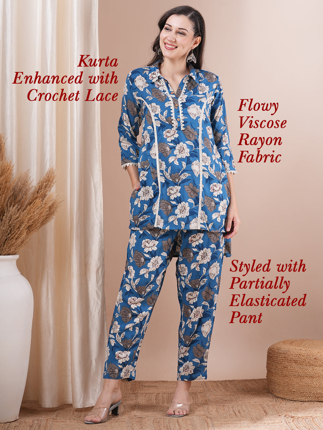 Abstract Floral Printed A-Line Fit Co-ord Set - Blue