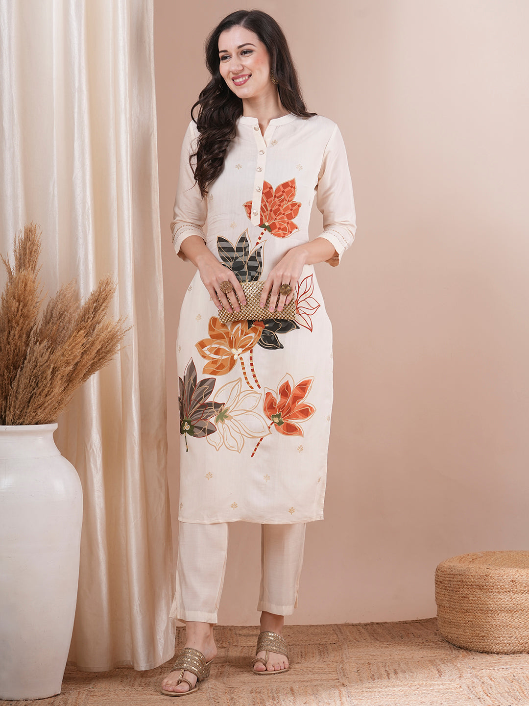 Abstract Floral Foil Printed Straight Fit Kurta with Pant - Off White