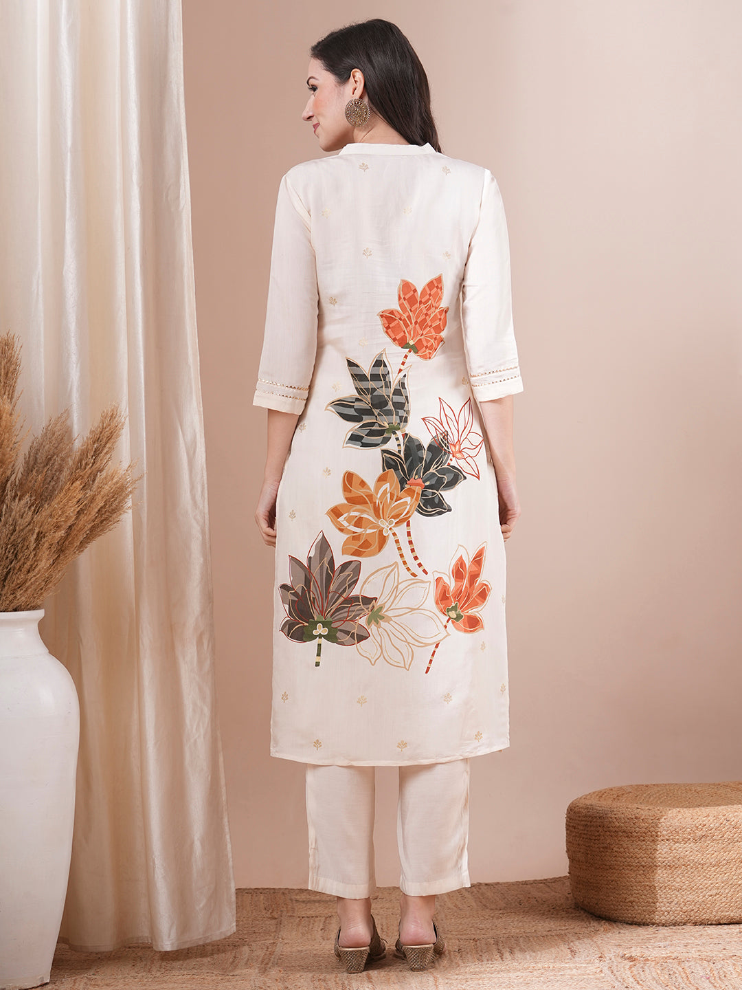 Abstract Floral Foil Printed Straight Fit Kurta with Pant - Off White