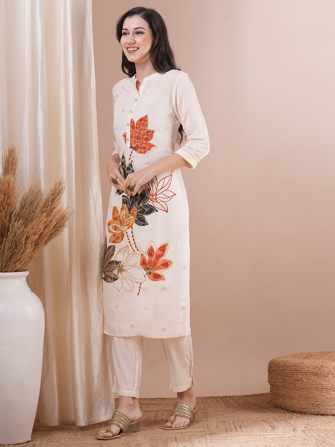 Abstract Floral Foil Printed Straight Fit Kurta with Pant - Off White