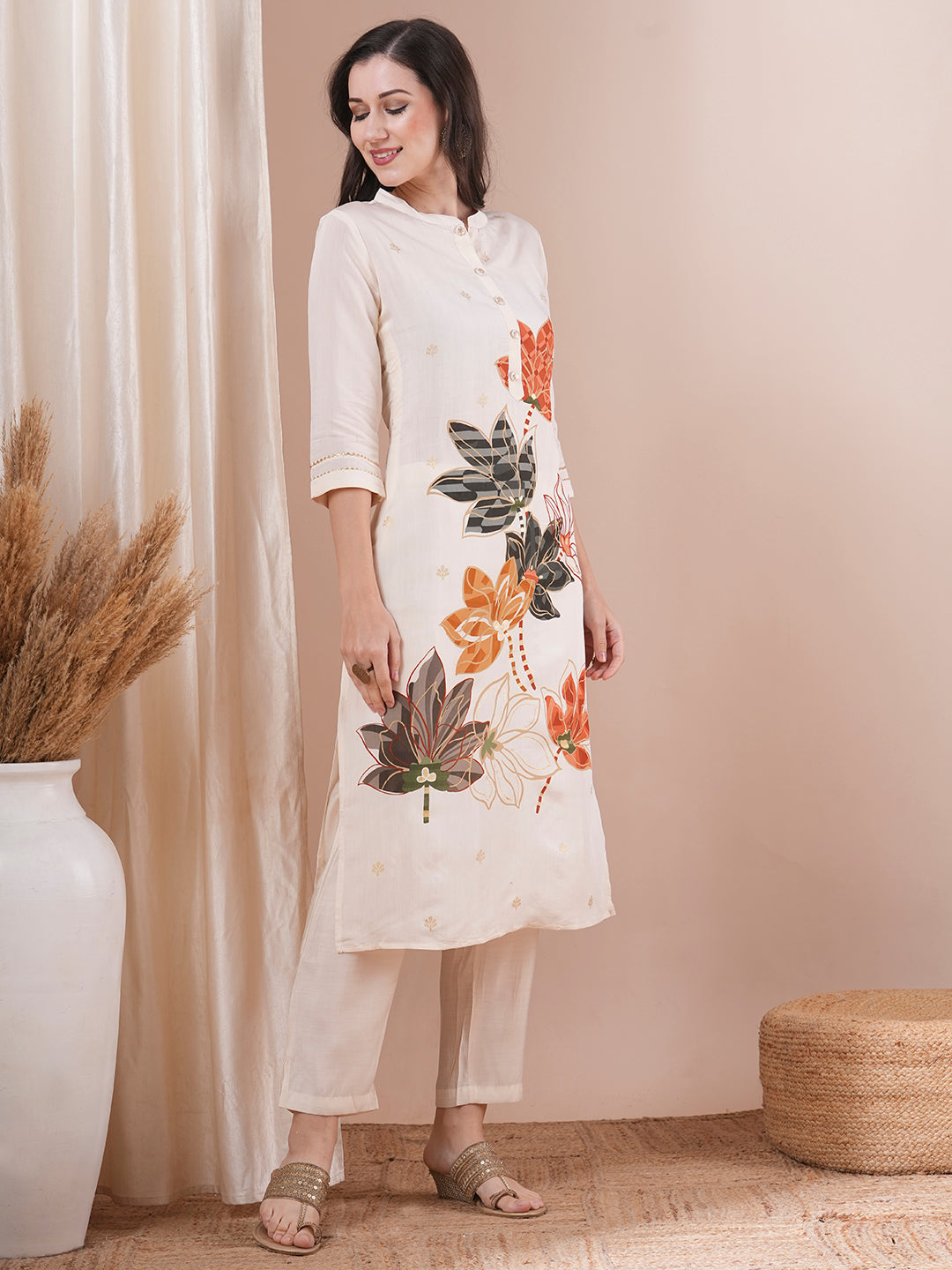 Abstract Floral Foil Printed Straight Fit Kurta with Pant - Off White