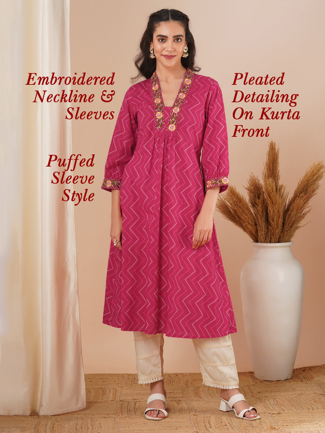 Ethnic Chevron Printed & Embroidered A-Line Kurta - Pink