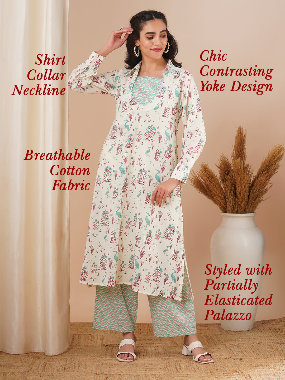 Tropical Floral Printed A-Line Kurta with Crop Top & Palazzo - Off White