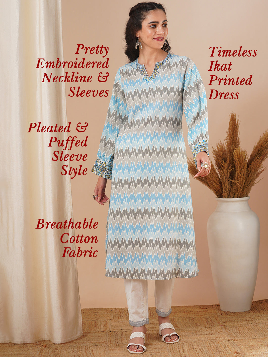 Ethnic Ikat Printed & Embroidered A-Line Midi Dress - Blue