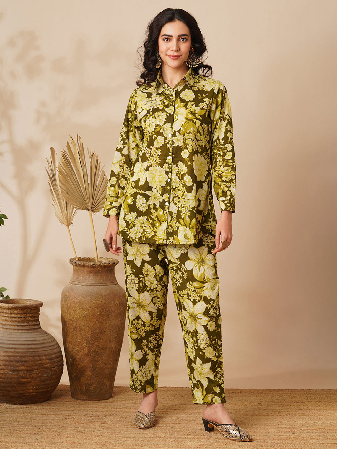 Floral Foil Printed Straight Fit Co-ord Set - Green