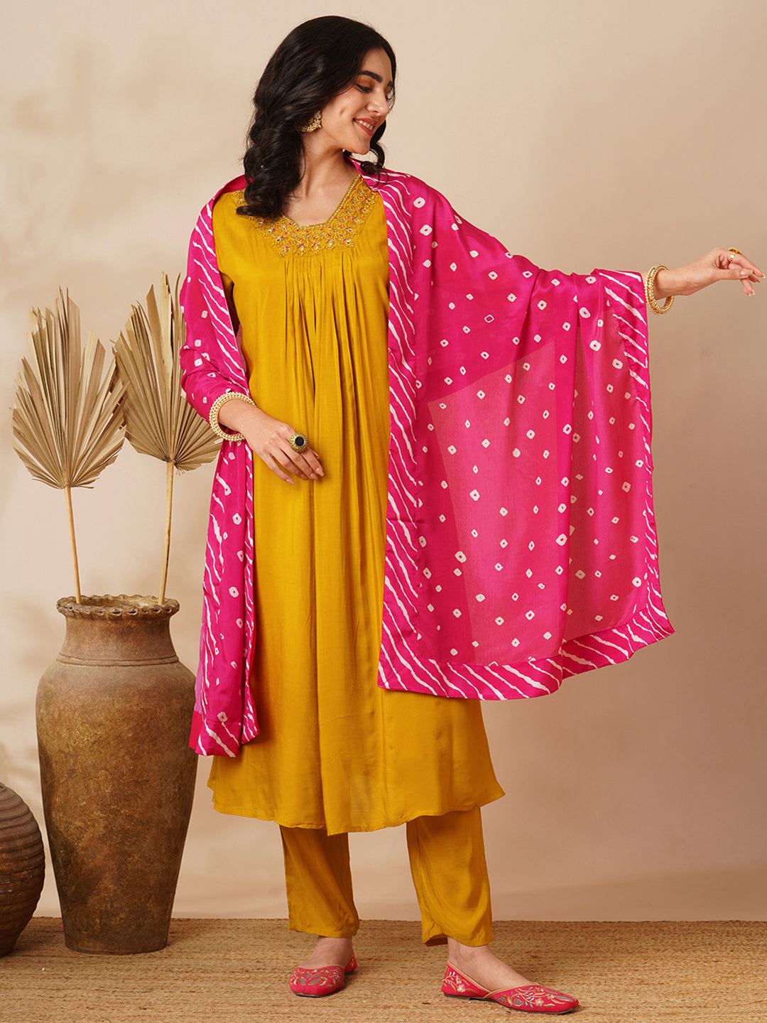Ethnic Hand Embroidered A-Line Kurta with Pant & Bandhani Dupatta - Mustard