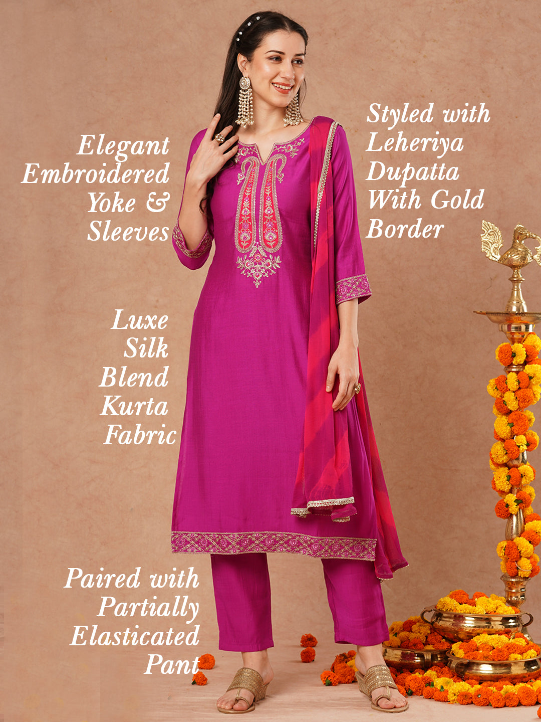 Solid Ethnic Embroidered Straight Fit Kurta with Pant and Leheriya Dupatta - Purple