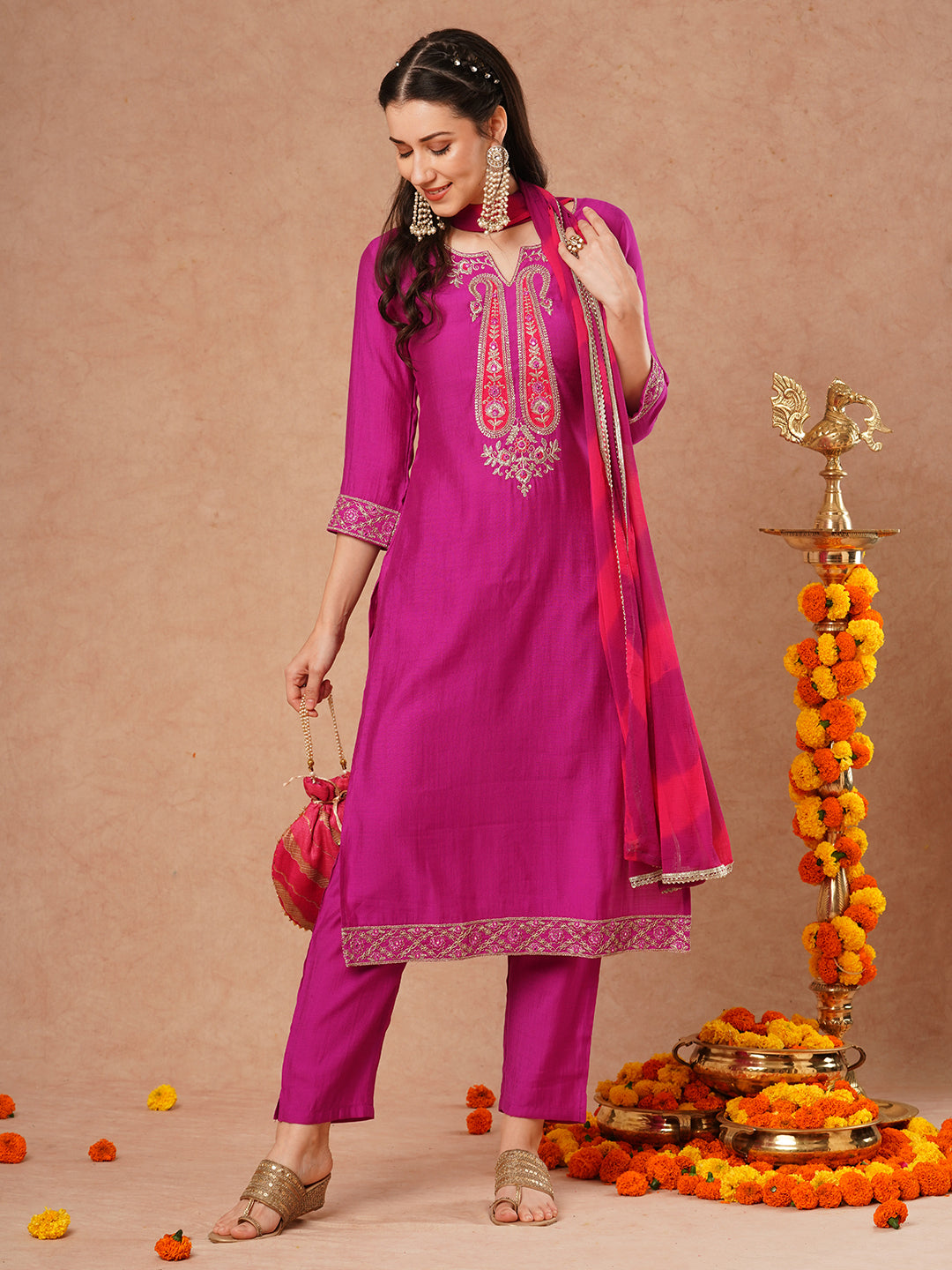 Solid Ethnic Embroidered Straight Fit Kurta with Pant and Leheriya Dupatta - Purple