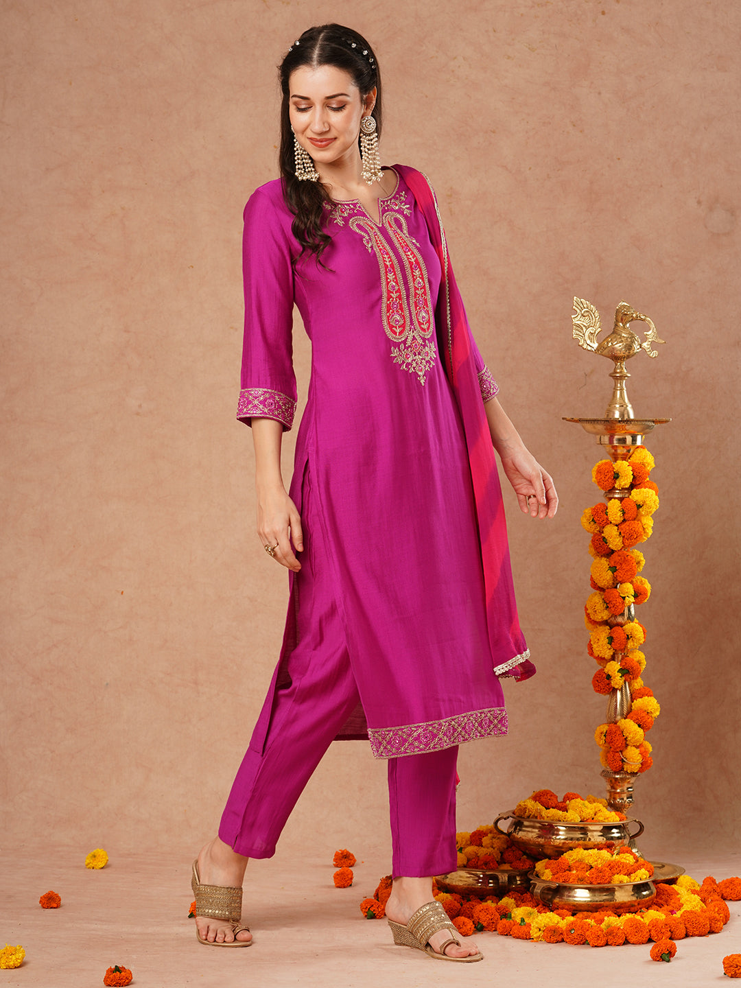 Solid Ethnic Embroidered Straight Fit Kurta with Pant and Leheriya Dupatta - Purple