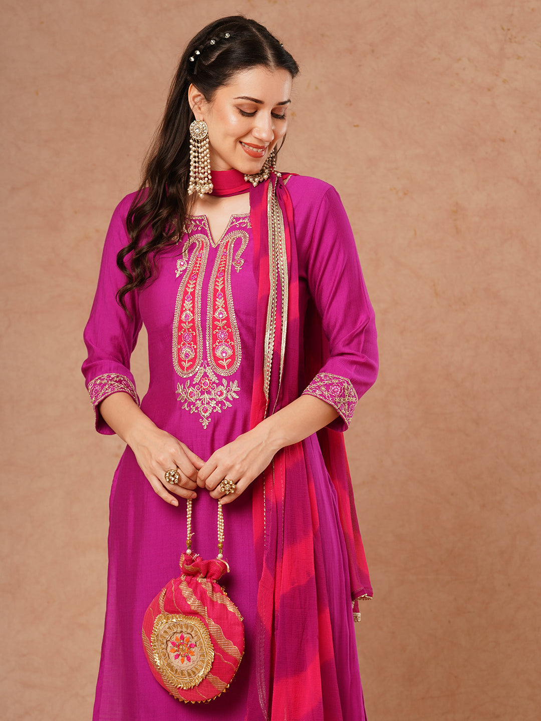 Solid Ethnic Embroidered Straight Fit Kurta with Pant and Leheriya Dupatta - Purple