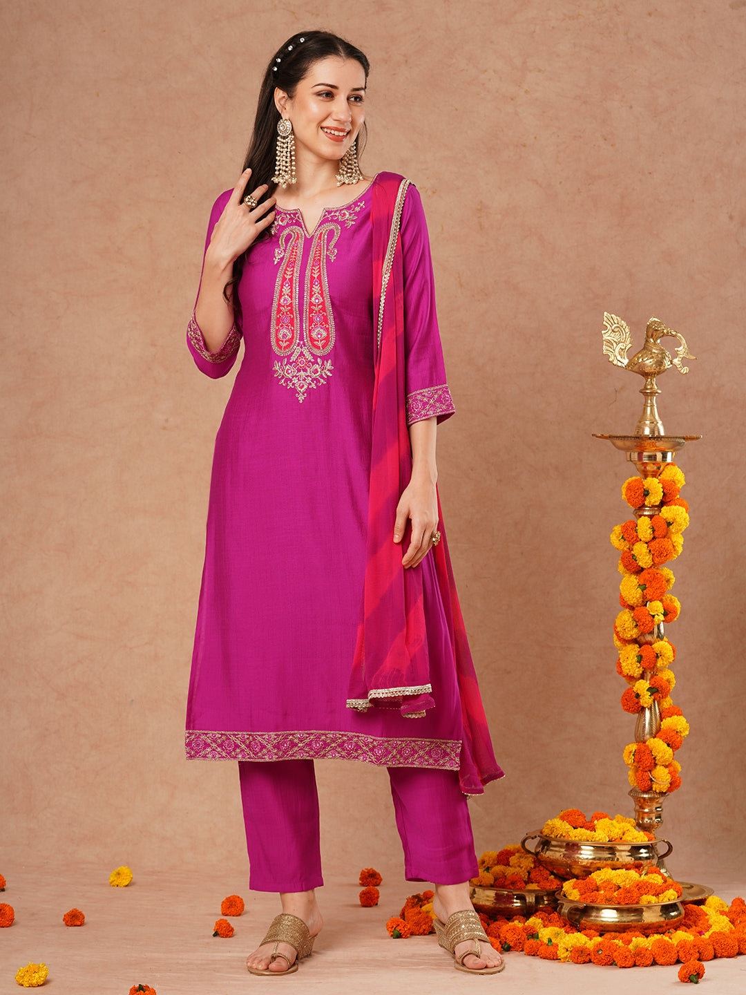 Solid Ethnic Embroidered Straight Fit Kurta with Pant and Leheriya Dupatta - Purple