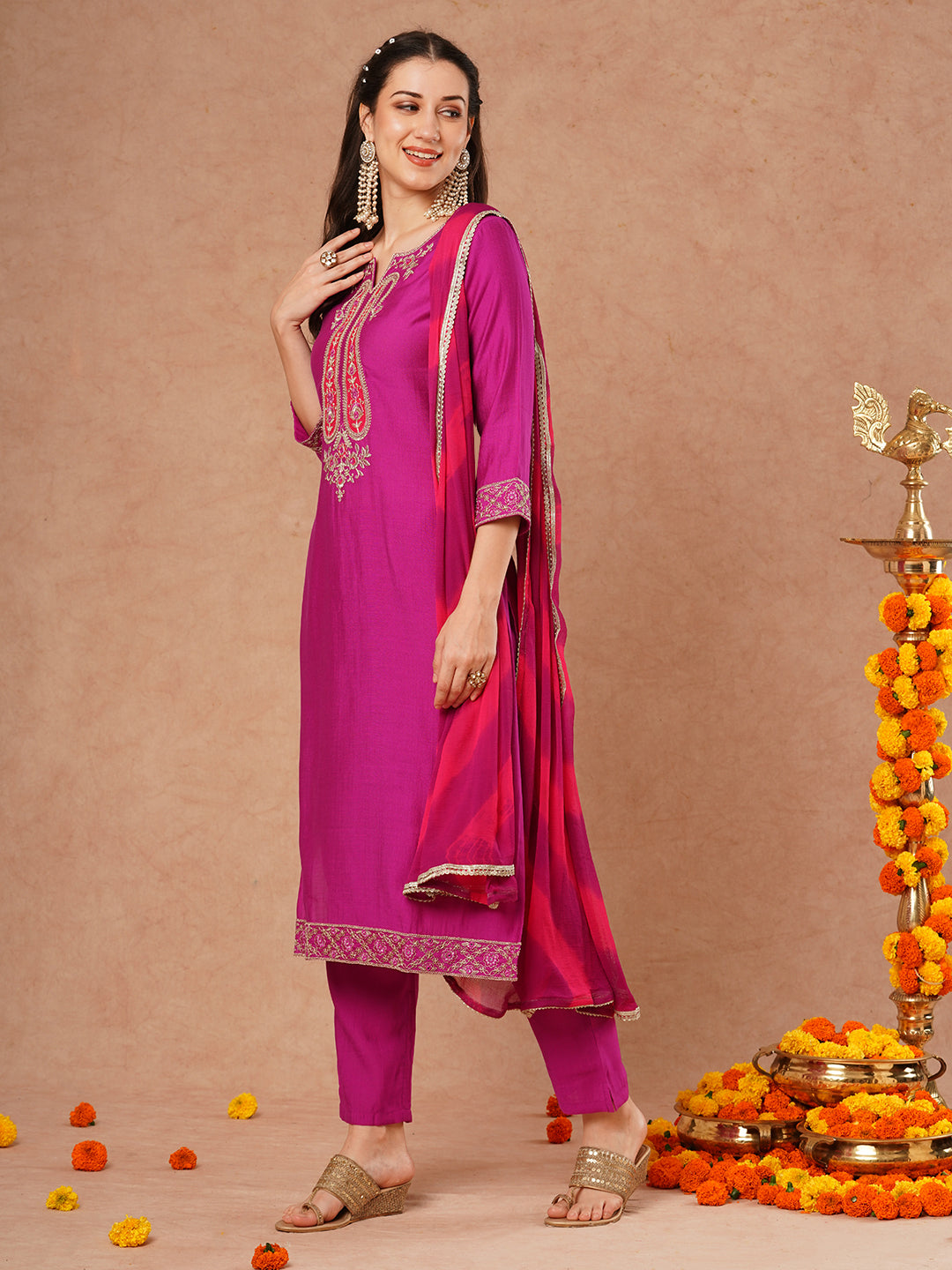 Solid Ethnic Embroidered Straight Fit Kurta with Pant and Leheriya Dupatta - Purple