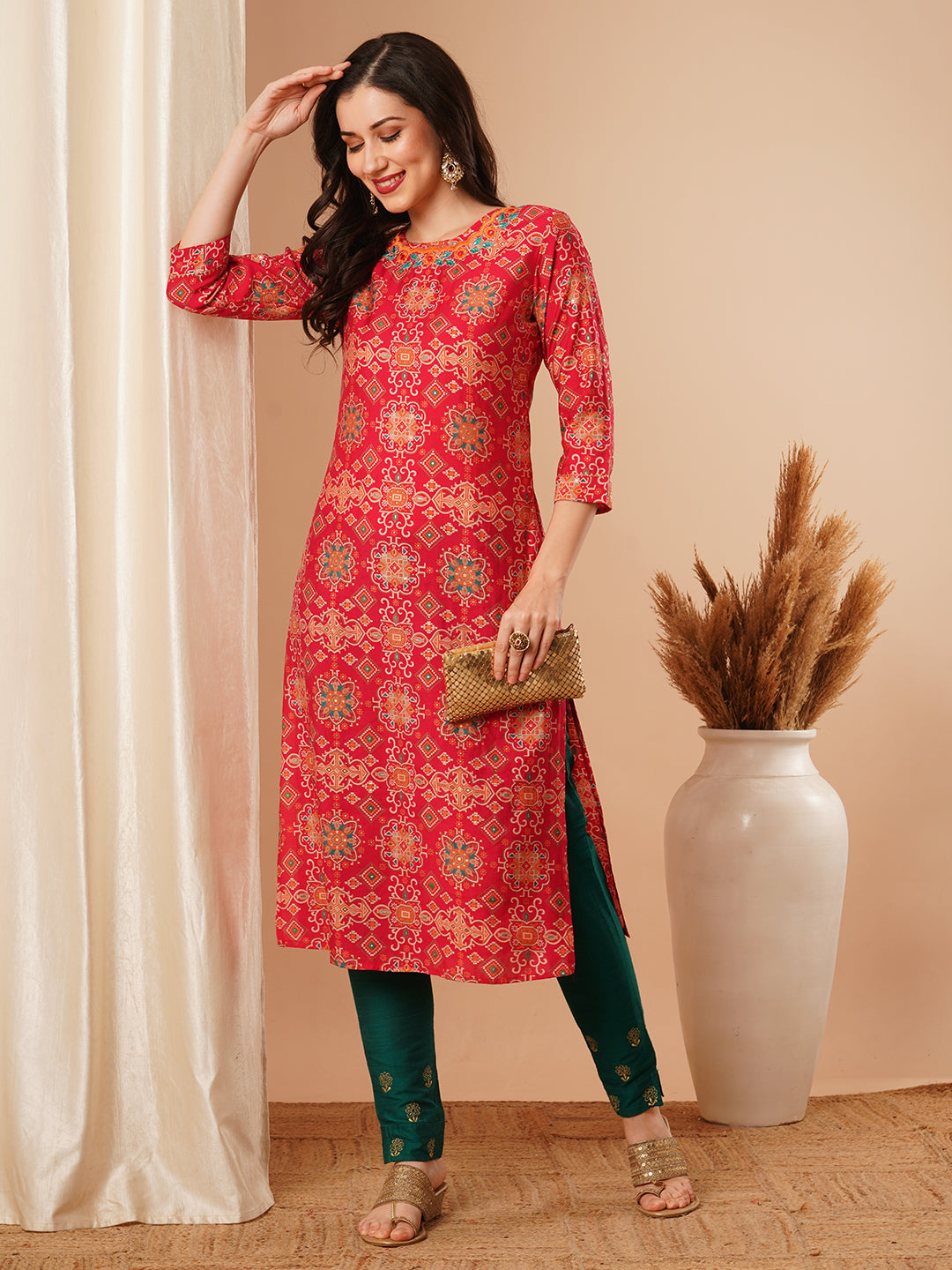 Floral Printed & Embroidered Straight Fit Kurta - Red