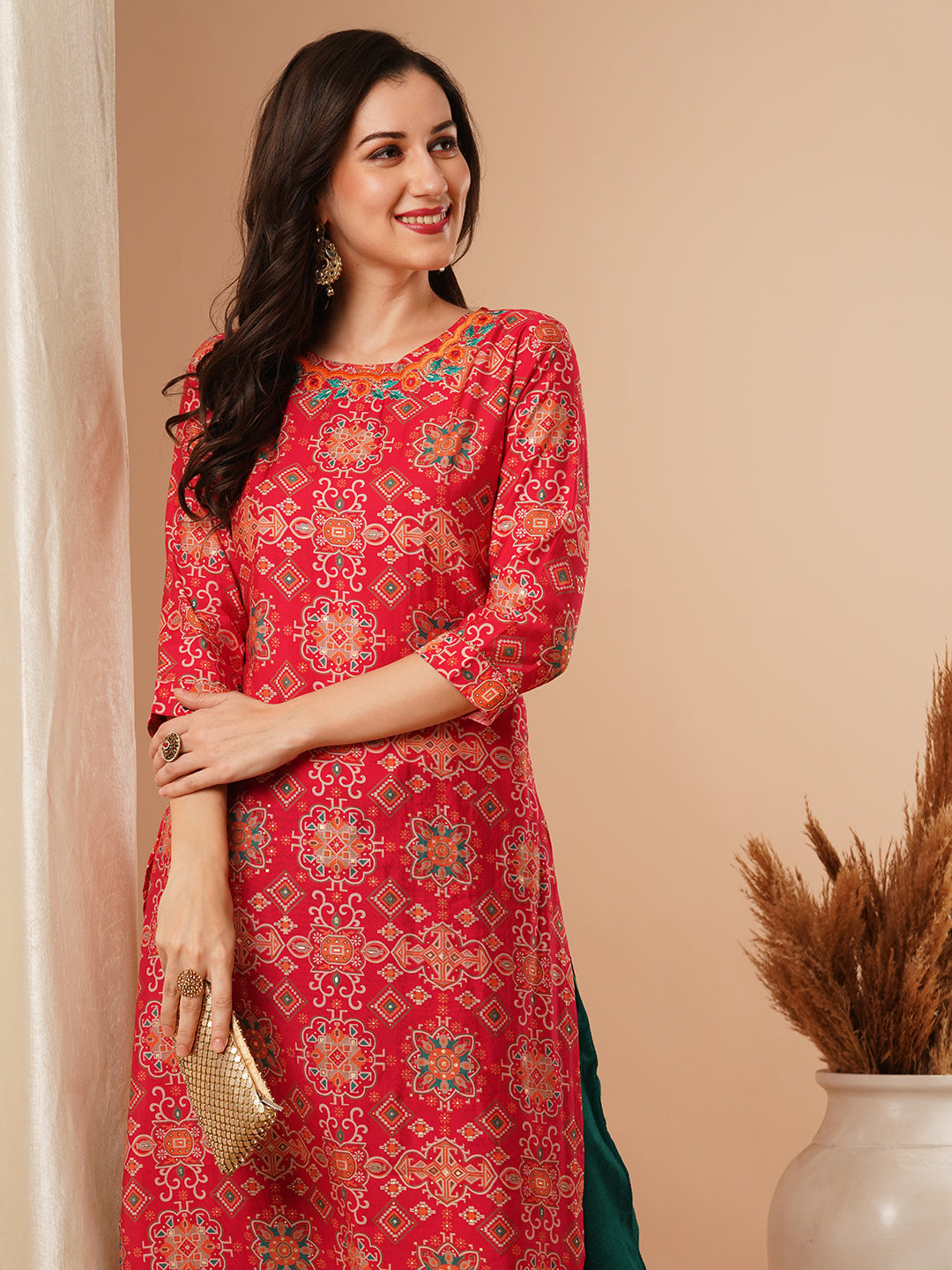 Floral Printed & Embroidered Straight Fit Kurta - Red