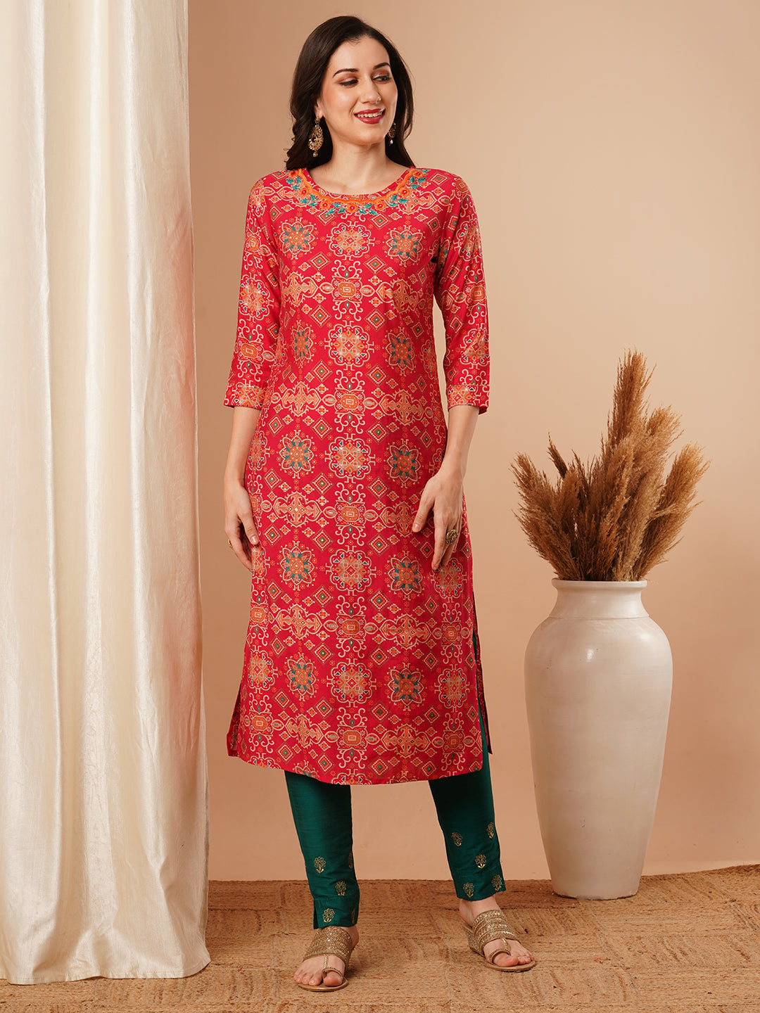 Floral Printed & Embroidered Straight Fit Kurta - Red
