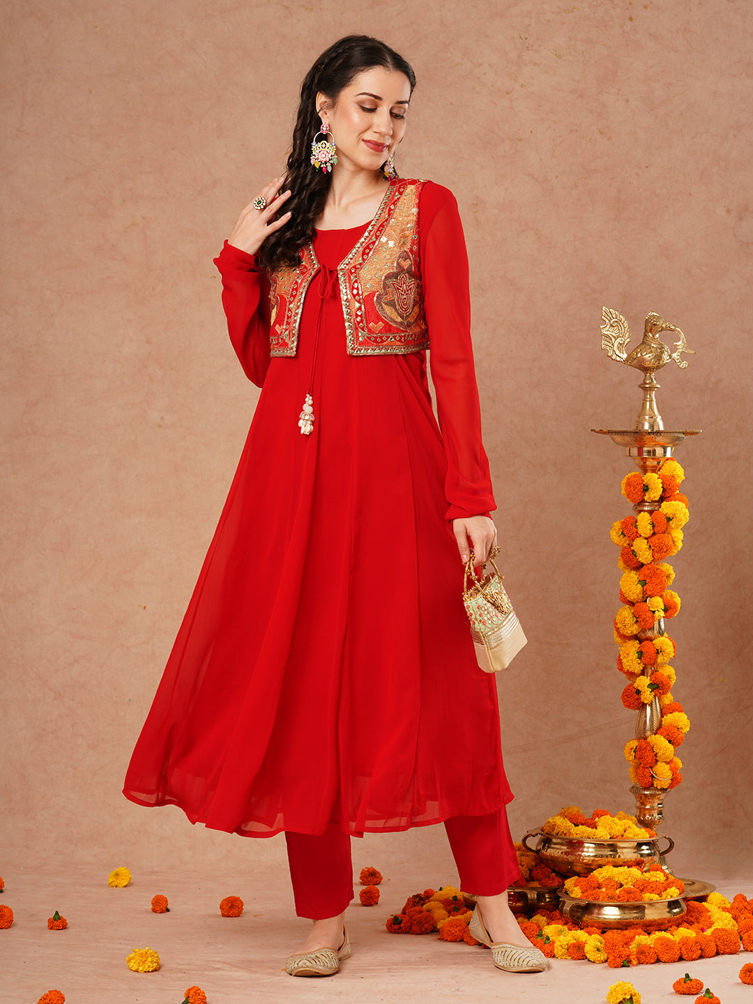 Solid Anarkali Flared Kurta with Ethnic Embroidered Jacket Pant Re