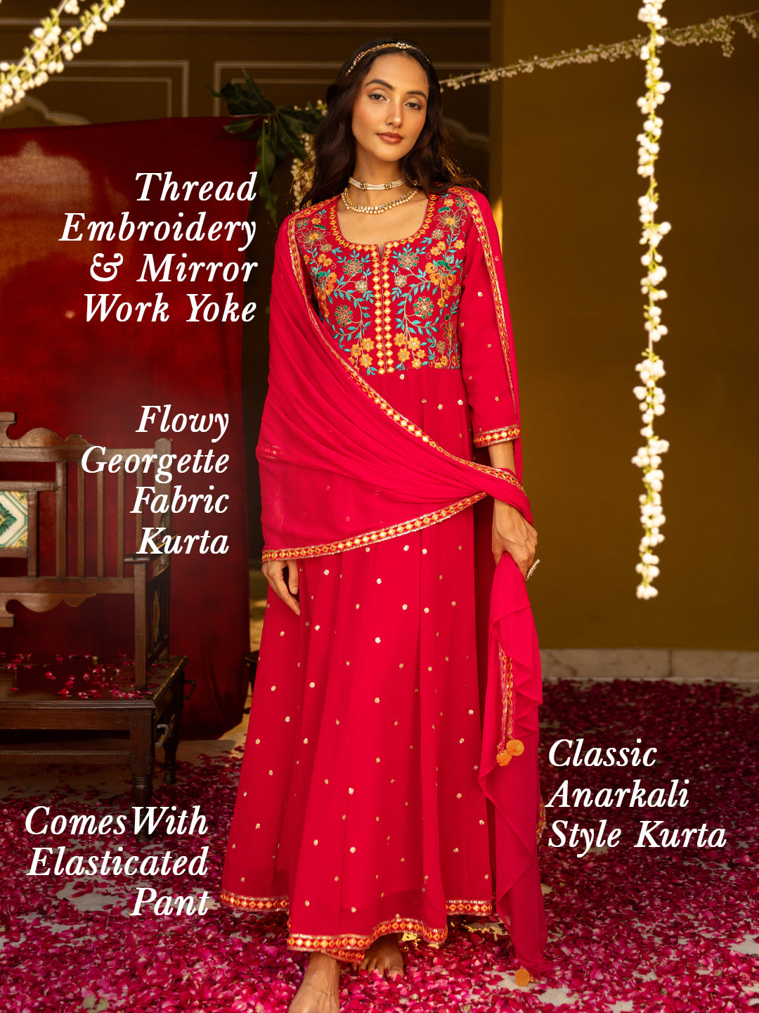 Solid Floral Embroidered Anarkali Kurta with Pant & Solid Dupatta - Pink