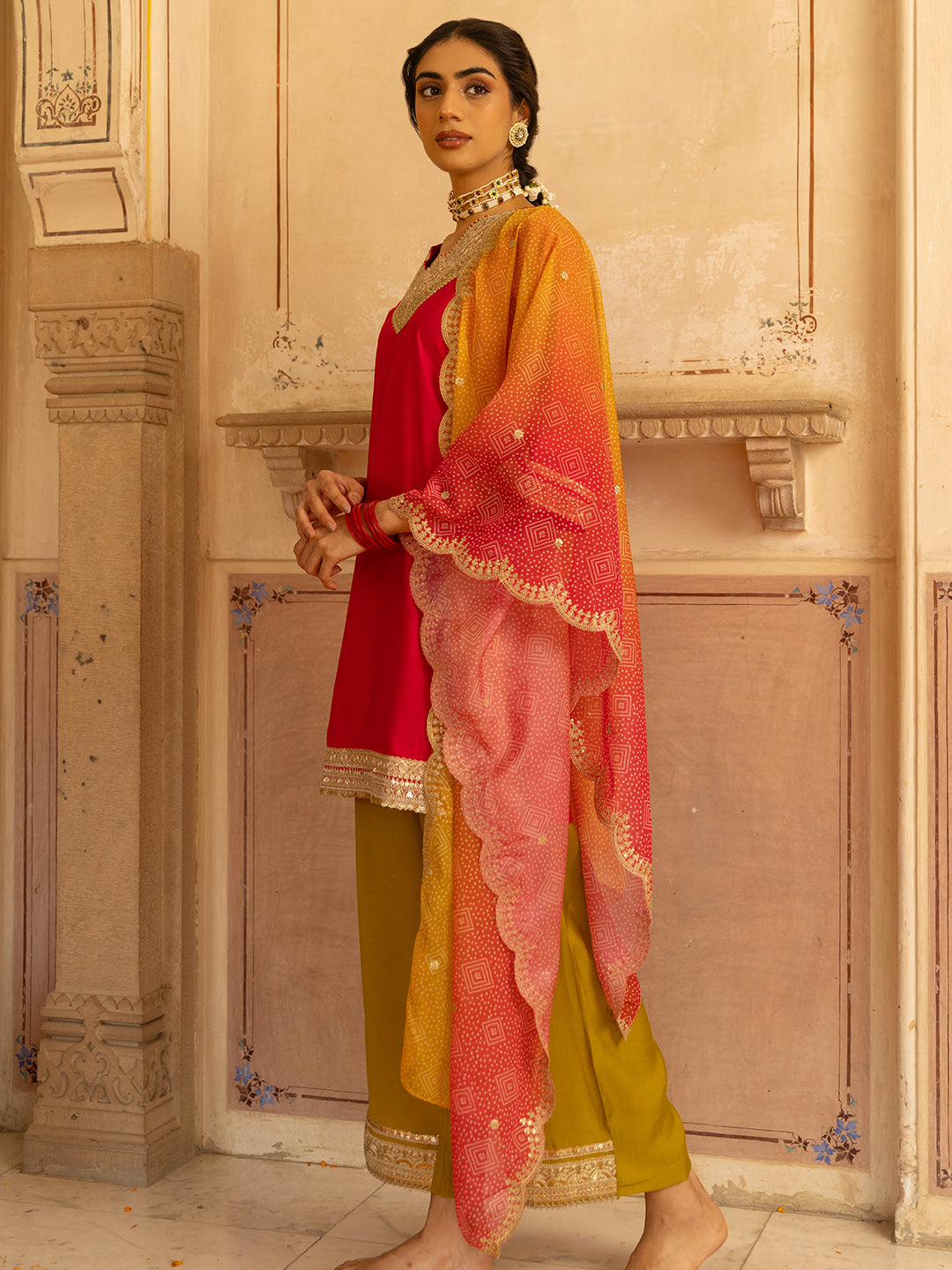 Ethnic Embroidered Straight Fit Kurta with Palazzo and Dupatta - Pink